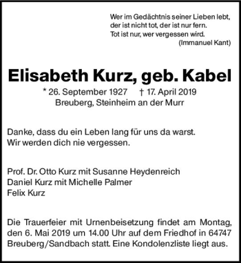 Traueranzeige von Elisabeth Kurz von vrm-trauer