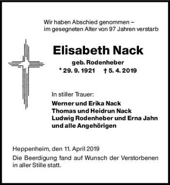 Traueranzeige von Elisabeth Nack von vrm-trauer