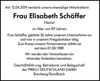 Traueranzeige von Elisabeth Schäffer von vrm-trauer