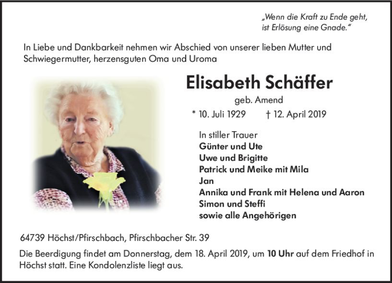  Traueranzeige für Elisabeth Schäffer vom 16.04.2019 aus vrm-trauer
