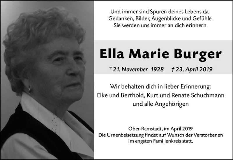  Traueranzeige für Ella Marie Burger vom 27.04.2019 aus vrm-trauer