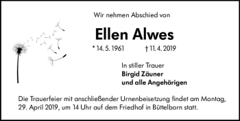 Traueranzeige von Ellen Alwes von vrm-trauer