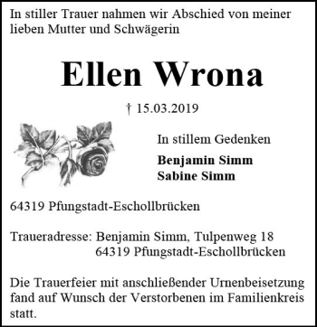Traueranzeige von Ellen Wrona von vrm-trauer