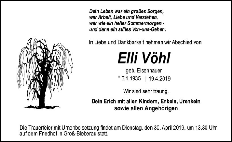  Traueranzeige für Elli Vöhl vom 27.04.2019 aus vrm-trauer