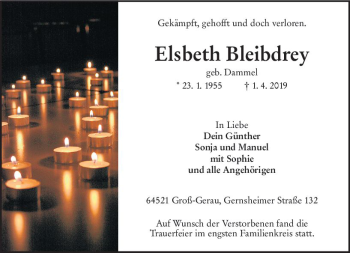 Traueranzeige von Elsbeth Bleibdrey von vrm-trauer