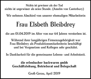 Traueranzeige von Elsbeth Bleibdrey von vrm-trauer