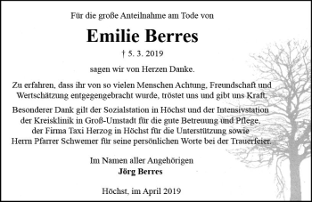 Traueranzeige von Emilie Berres von vrm-trauer