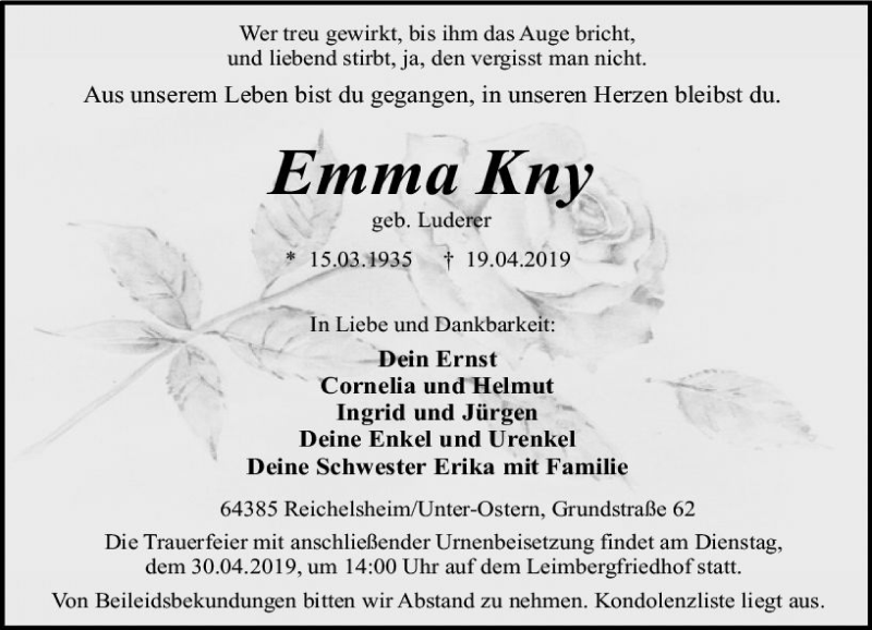  Traueranzeige für Emma Kny vom 27.04.2019 aus vrm-trauer