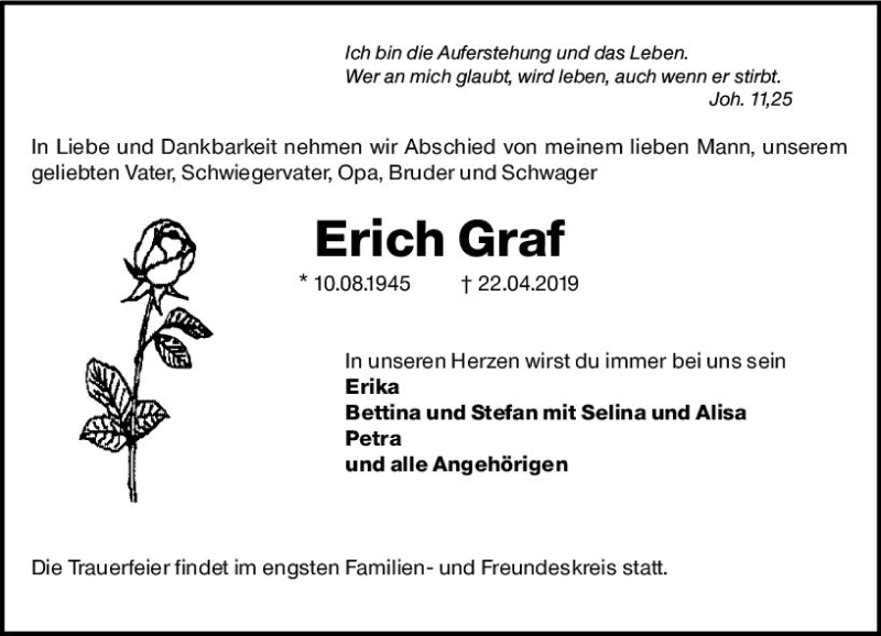  Traueranzeige für Erich Graf vom 24.04.2019 aus vrm-trauer