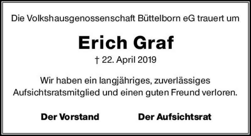  Traueranzeige für Erich Graf vom 27.04.2019 aus vrm-trauer