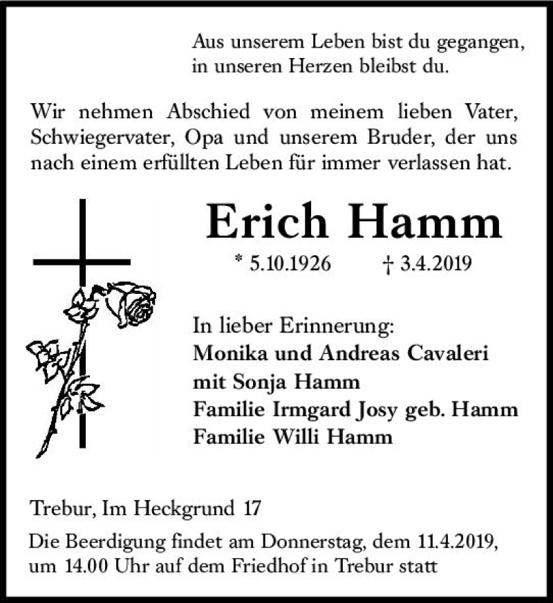  Traueranzeige für Erich Hamm vom 09.04.2019 aus vrm-trauer