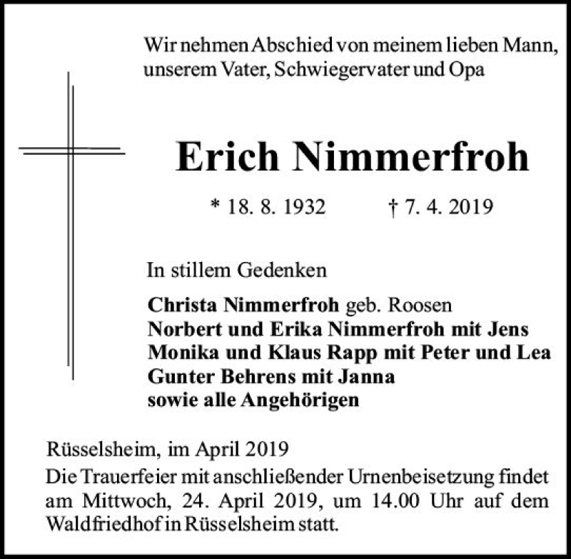  Traueranzeige für Erich Nimmerfroh vom 13.04.2019 aus vrm-trauer