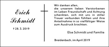 Traueranzeige von Erich Schmidt von  HA - Hinterländer Anzeiger ()