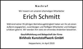 Traueranzeige von Erich Schmitt von vrm-trauer