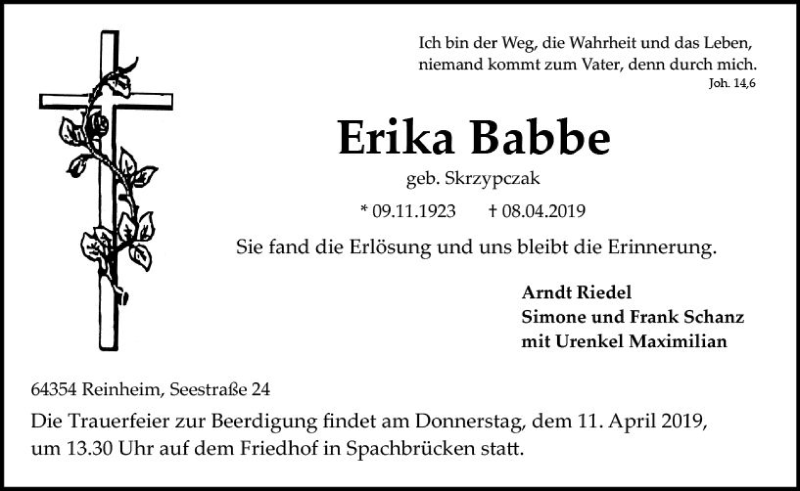  Traueranzeige für Erika Babbe vom 10.04.2019 aus vrm-trauer