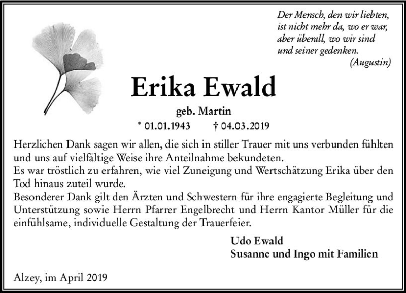  Traueranzeige für Erika Ewald vom 26.04.2019 aus vrm-trauer