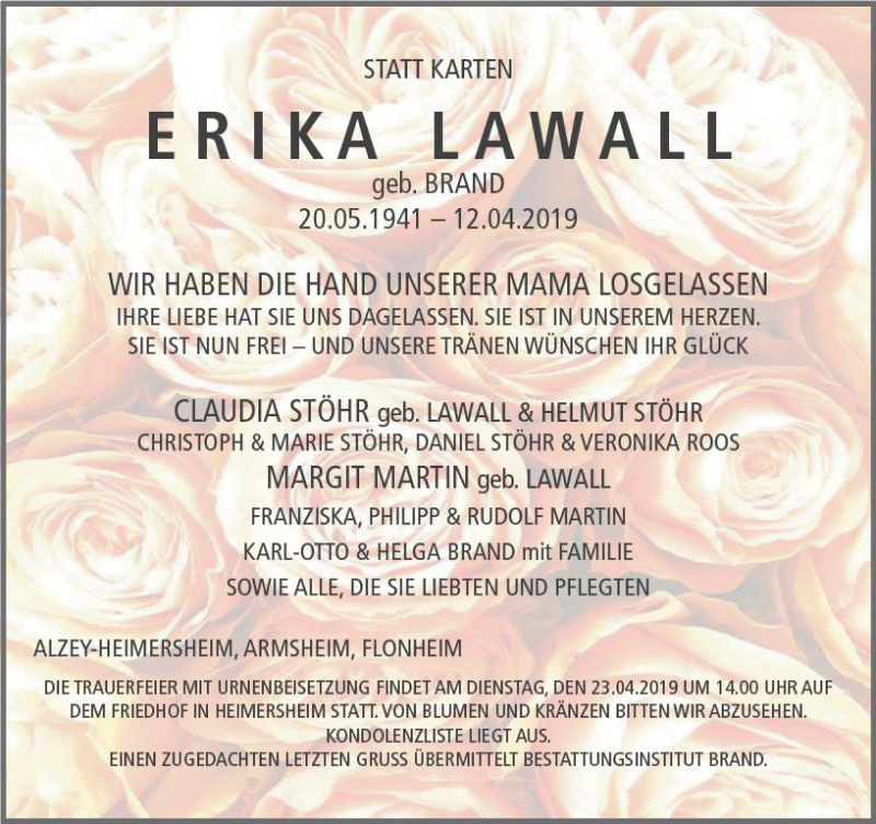  Traueranzeige für Erika Lawall vom 18.04.2019 aus vrm-trauer