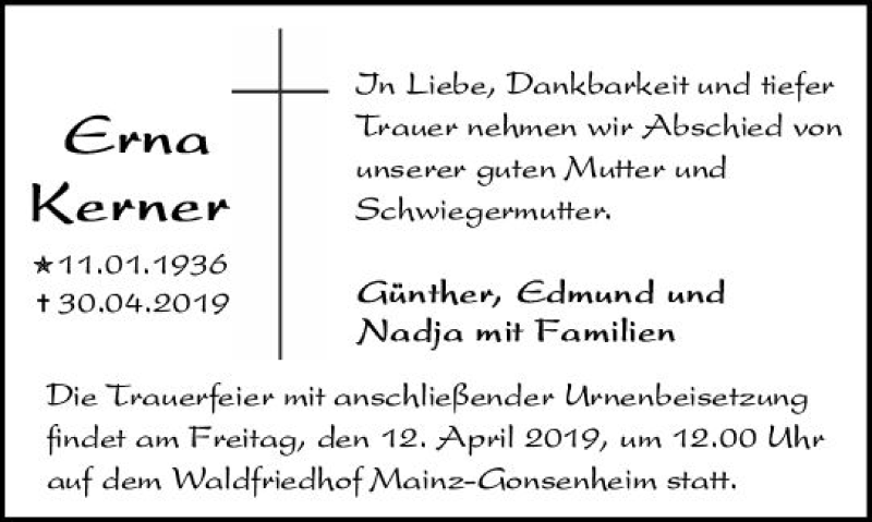  Traueranzeige für Erna Kerner vom 06.04.2019 aus vrm-trauer