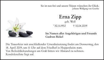 Traueranzeige von Erna Zipp von vrm-trauer