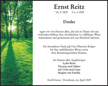 Traueranzeige von Ernst Reitz von vrm-trauer