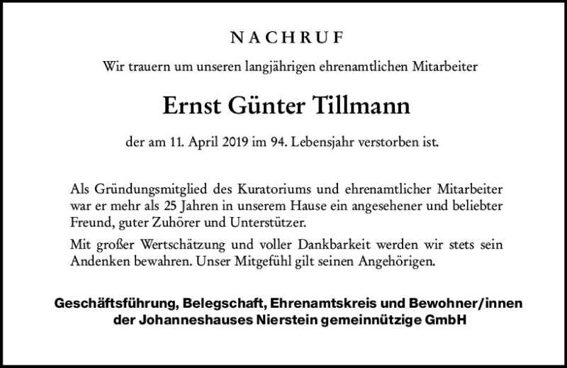  Traueranzeige für Ernst Günter Tillmann vom 20.04.2019 aus vrm-trauer