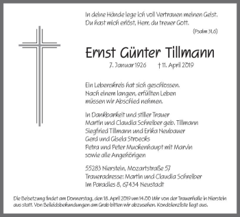 Traueranzeige von Ernst Günter Tillmann von vrm-trauer