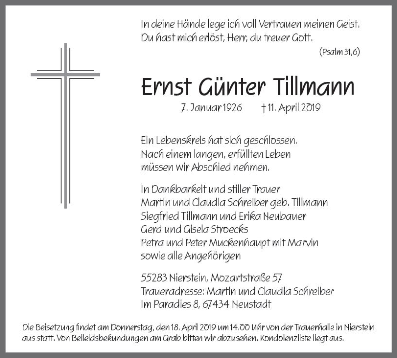  Traueranzeige für Ernst Günter Tillmann vom 16.04.2019 aus vrm-trauer