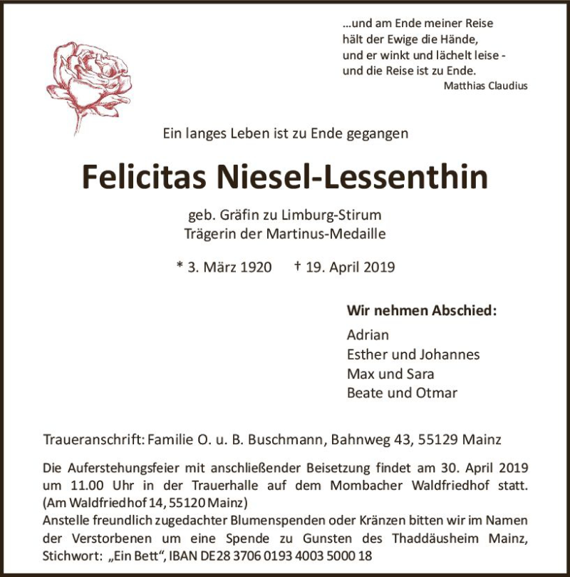  Traueranzeige für Felicitas Niesel-Lessenthin vom 27.04.2019 aus vrm-trauer