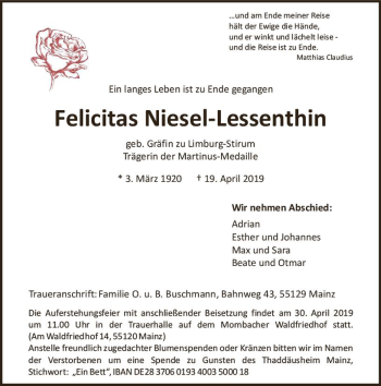 Traueranzeige von Felicitas Niesel-Lessenthin von vrm-trauer