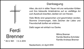 Traueranzeige von Ferdi Brenner von vrm-trauer