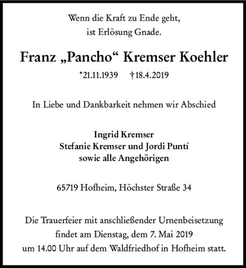  Traueranzeige für Franz Kremser Koehler vom 26.04.2019 aus vrm-trauer