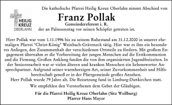 Traueranzeige von Franz Pollak von  WBT - Weilburger Tageblatt ()