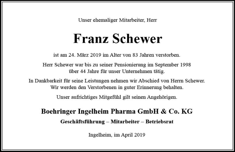  Traueranzeige für Franz Schewer vom 06.04.2019 aus vrm-trauer