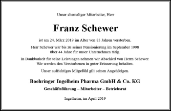 Traueranzeige von Franz Schewer von vrm-trauer