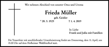 Traueranzeige von Frieda Müller von vrm-trauer