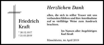 Traueranzeige von Friedrich Kraft von vrm-trauer