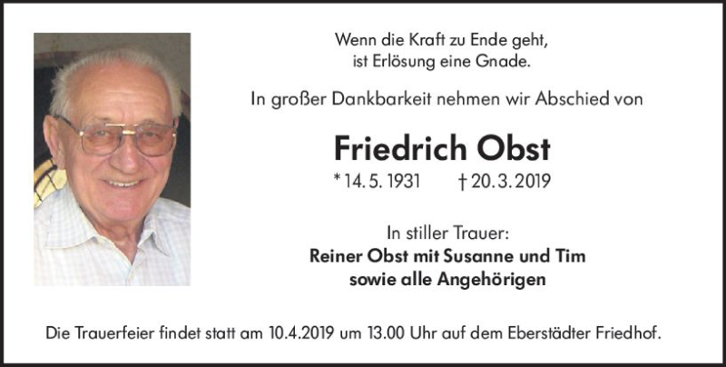  Traueranzeige für Friedrich Obst vom 06.04.2019 aus vrm-trauer