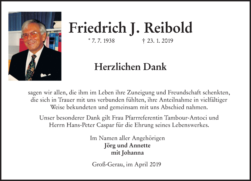  Traueranzeige für Friedrich J.  Reibold vom 06.04.2019 aus vrm-trauer