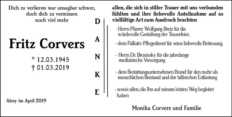  Traueranzeige für Fritz Corvers vom 06.04.2019 aus vrm-trauer