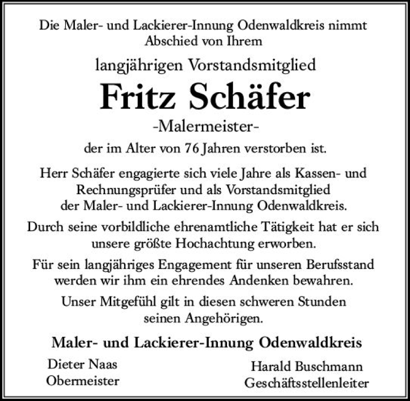  Traueranzeige für Fritz Schäfer vom 06.04.2019 aus vrm-trauer