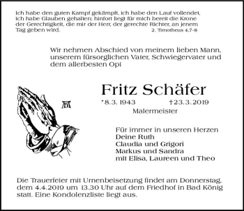 Traueranzeige von Fritz Schäfer von vrm-trauer