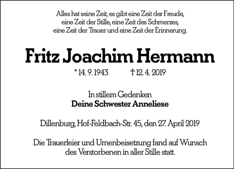  Traueranzeige für Fritz Joachim Hermann vom 27.04.2019 aus  Dill Block ()