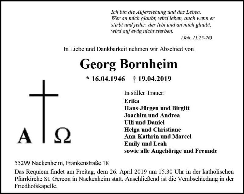  Traueranzeige für Georg Bornheim vom 24.04.2019 aus vrm-trauer