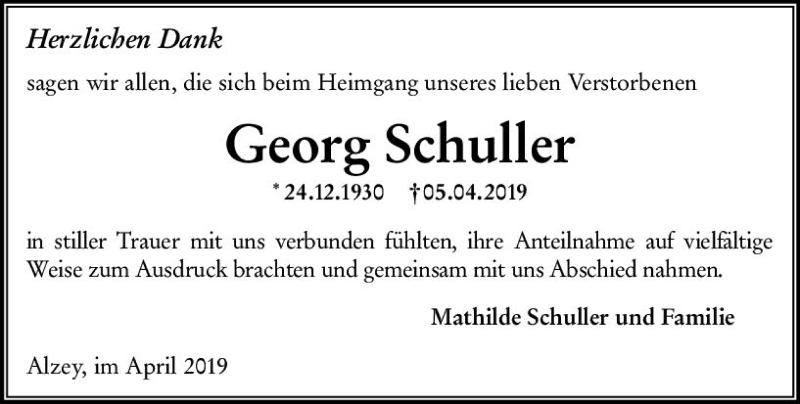  Traueranzeige für Georg Schuller vom 27.04.2019 aus vrm-trauer