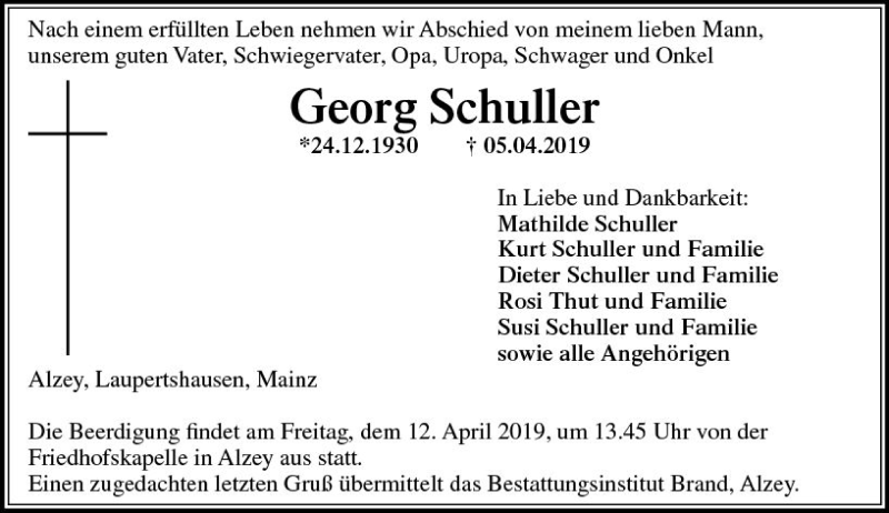  Traueranzeige für Georg Schuller vom 08.04.2019 aus vrm-trauer