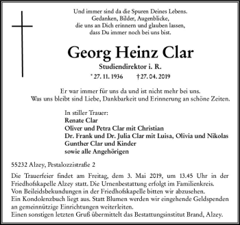 Traueranzeige von Georg Heinz Clar von vrm-trauer