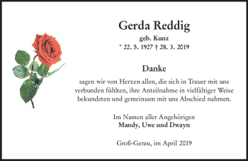 Traueranzeige von Gerda Reddig von vrm-trauer