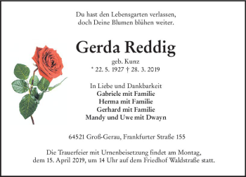 Traueranzeige von Gerda Reddig von vrm-trauer