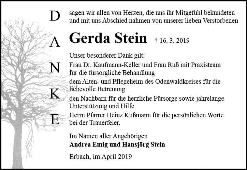  Traueranzeige für Gerda Stein vom 13.04.2019 aus vrm-trauer