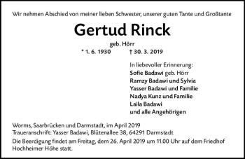 Traueranzeige von Gertud Rinck von vrm-trauer